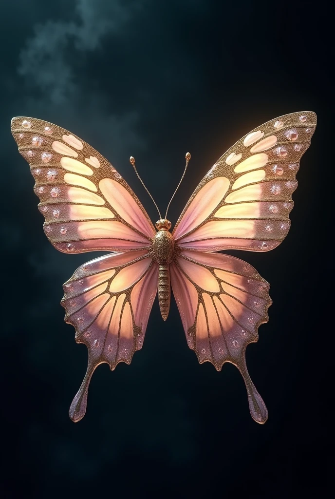 Black background with a butterfly in the middle of the screen, with colors in combination with pale pink and gold, crystal art and medieval style