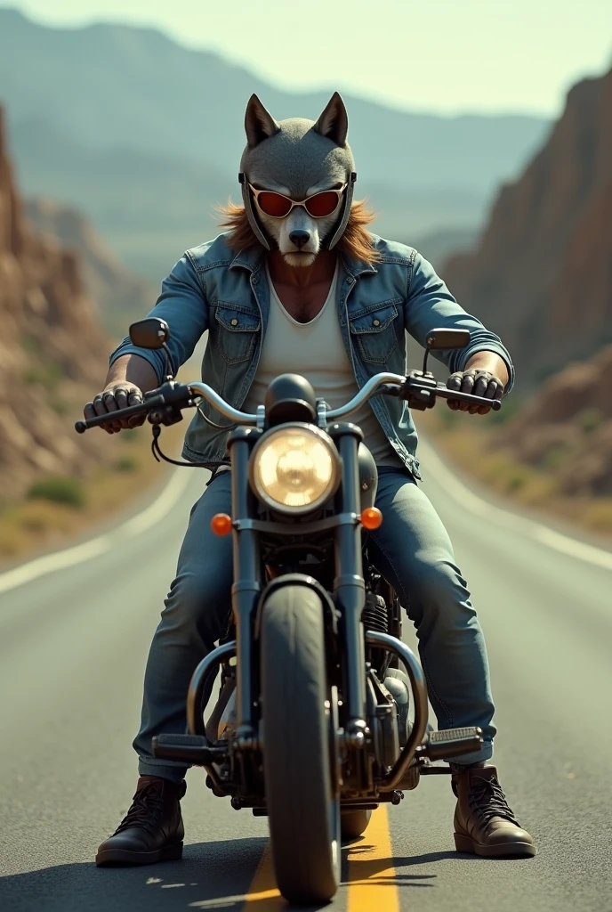 Create a biker werewolf wearing a retro helmet, with a white shirt and a light blue denim jacket on top, who drives a chopper style motorcycle. Also add some glasses for myopia