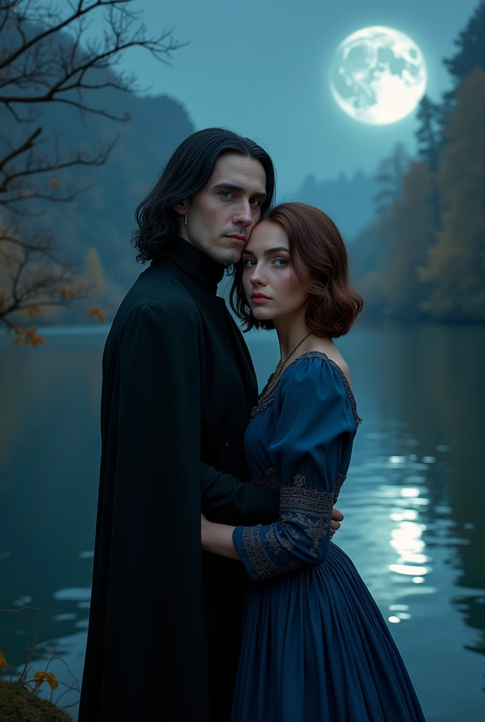 couple posing for a photo against the backdrop of a lake, severus snape from harry potter (pale skin, hooked nose, shoulder length black hair, black eyes, black robe) and a girl in a Victorian indigo dress, hair short cool chestnut color wavy, lovely couple, faces turned towards the camera, Hogwarts, night, moon, glare, 8k)))), Kim Doyoung, 🚿🗝📝, Jinyoung Shin, 🍁 cute, couple pose, ❤🔥🍄🌪, ностальгия 8k, With a bang, Bae Suzy, ✨🕌🌙, 4k post, 4k post, 4k post, 4k post, The oil