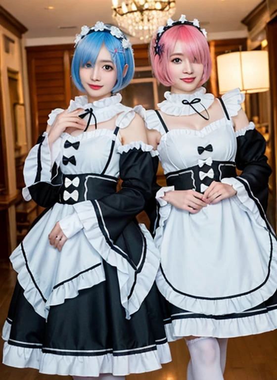 Accurate depiction with high resolution,(8K, Photorealistic, Raw photo, of the highest quality: 1.3), (1girl in), Super beautiful, (Realistic face), (boyish, pink Color Berry Shorthair), Beautiful , Glare that captivates the viewer, Beautiful expression, Beautiful ???????, (Realistic skin), Be...Create a detailed and colorful image of Ram and Rem from Re:Zero, standing back-to-back in their maid outfits, with a magical fantasy background、14years old, two girls,cute, perfect face, beautiful, nice body, gothic lolita clothes, gothic lolita fashion, frilly skirt, headdress, necklace, bracelet, knee-high socks, boots, double eyelids, tear bags, Detailed down to the fingers, photo-like description, indoors, dim indoor lighting, one girl is pink hair and short bob, another girl is light blue hair and short bob,standing,whole body, composition that shows the whole body, smiling,The Both of them are wearing the same type of maid outfit,Optimal ratio of 4 fingers and 1 thumb,walking