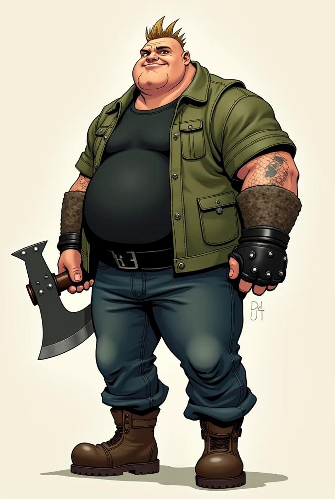 In the Human Comics style, create a character, Godri, a white boy, fat and wide, very strong and muscular, with a refreshing look. He wears a short moss green coat and a black shirt underneath, dark jeans with round boots and steel toes, and a black leather glove. He carries in his hands a large steel axe with black ruffs and gold details.