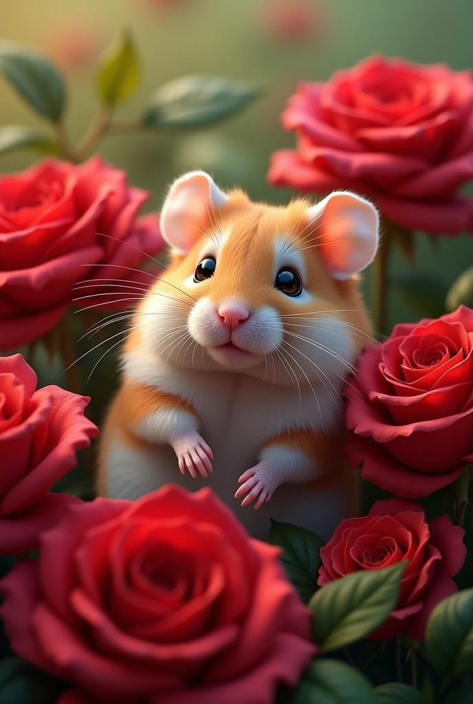 Realistic Hamster with red Roses 