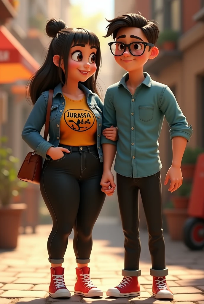 A couple arm in arm, She is smiling, has a robust build, wide legs, small ears, and a light complexion., wide nose big brown eyes hair in a bun and straight curtain bangs, did you wear a Jurassic Park megra blouse?, black denim jacket and black jeans with red high top converse. He is thin complexion, tez morena, He wears square glasses, a wide nose, small eyes, short dark straight hair, small ears, wears black dress pants and a sky blue button-down dress shirt, stars of a Disney Pixar movie, digital art, eating pizza