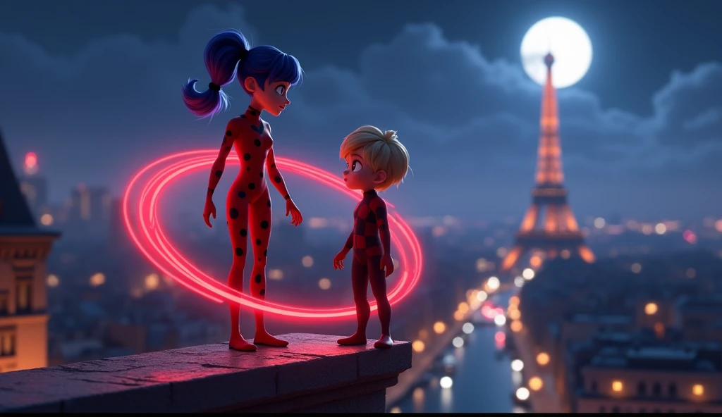 Ladybug (Marinette),teenage girl, blue_hair_color,pigtails_hairstyle,short_hair,wearing her red and black-spotted superhero suit, Depict Cat Noir (Adrien),teenage boy,blond_hairstyle The young boy is a little taller than the young girl, Ladybug and Cat Noir are standing on the edge of a Parisian rooftop,the Eiffel Tower and the Seine River are visible in the distance, illuminated by moonlight, the rooftop setting should have a soft, intimate atmosphere,While young boy and young girl stand and watch in amazement,The young girl(marinette) stands and forms a red transparent protective ring around her and the young boy(adrian),3d animation, Disney inspiration, High quality image, 8k