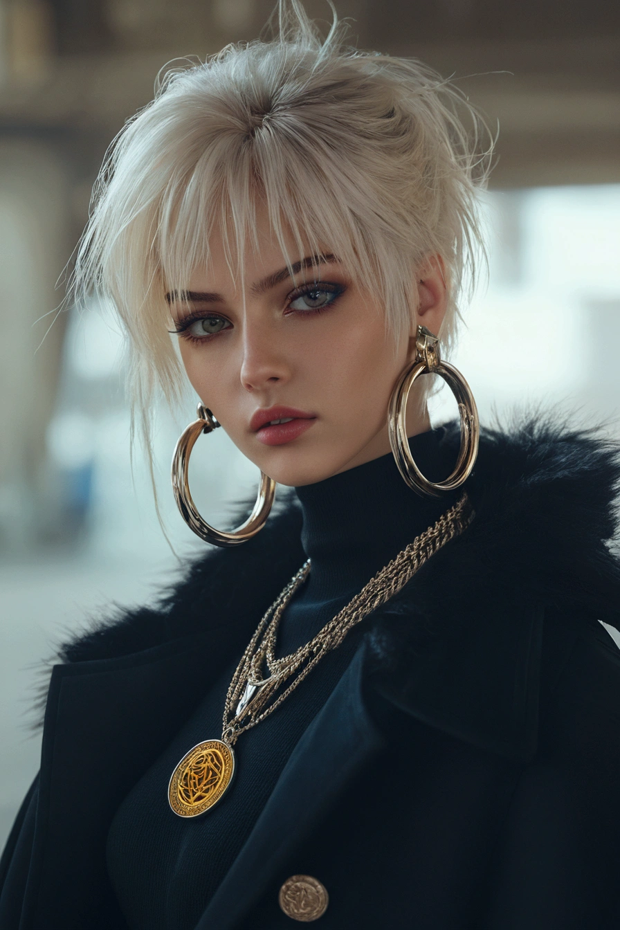 UHD ultra precise 8K digital copy of a blond woman with big hoop earrings and a black coat, soft portrait shot 8 k, luts, hyper realistic style, 8k portrait render, inspired by Hedi Xandt, portrait shot 8 k, beautiful cyberpunk woman model, perfect white haired girl, cyberpunk 2 0 y. o model girl, trending on artstation 4k, sexy face with full makeup