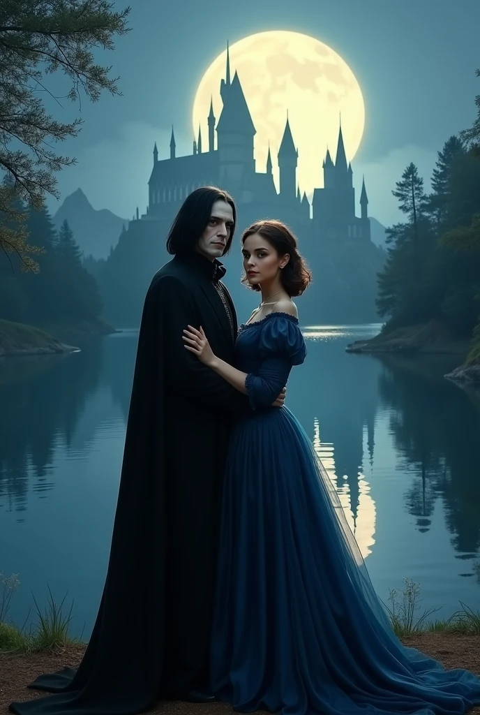 a couple posing for a photo against a lake, Severus Snape from Harry Potter (pale skin, hooked nose, shoulder-length black hair, black eyes, black robe) and a girl in an indigo Victorian dress, hair short cold brown wavy, beautiful couple, faces turned towards the camera, hogwarts, night, moon, highlights, 8K)))), Kim Doyoung, 🚿🗝📝, Jinyoung Shin, 🍁 cute, couple's pose, ❤🔥🍄🌪, 8K nostalgia, With bangs, Bae Suzy, ✨🕌🌙, 4k post, 4k post, 4k post, 4k post, 4k post, 4k post, Oljan