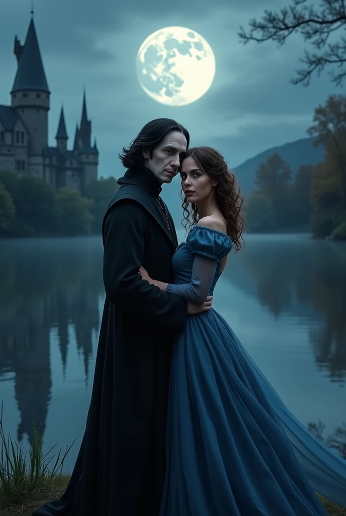 a couple posing for a photo against a lake, Severus Snape from Harry Potter (pale skin, hooked nose, shoulder-length black hair, black eyes, black robe) and a girl in an indigo Victorian dress, hair short cold brown wavy, beautiful couple, faces turned towards the camera, hogwarts, night, moon, highlights, 8K)))), Kim Doyoung, 🚿🗝📝, Jinyoung Shin, 🍁 cute, couple's pose, ❤🔥🍄🌪, 8K nostalgia, With bangs, Bae Suzy, ✨🕌🌙, 4k post, 4k post, 4k post, 4k post, 4k post, 4k post, Oljan