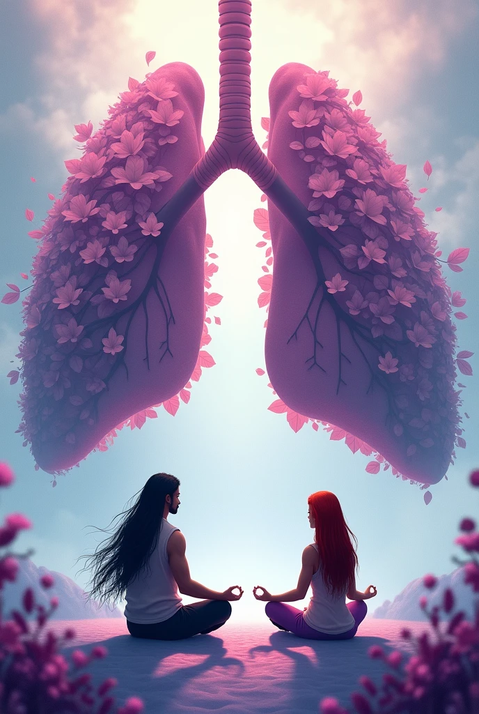 Realistic image of a man with long, flowing black hair in front of a red-haired woman, they are sitting facing each other side by side doing breathing techniques and meditation. Behind them is an image of a beautiful giant lung filled with leaves and flowers in lilac tones.. It's very windy and leaves are flying .