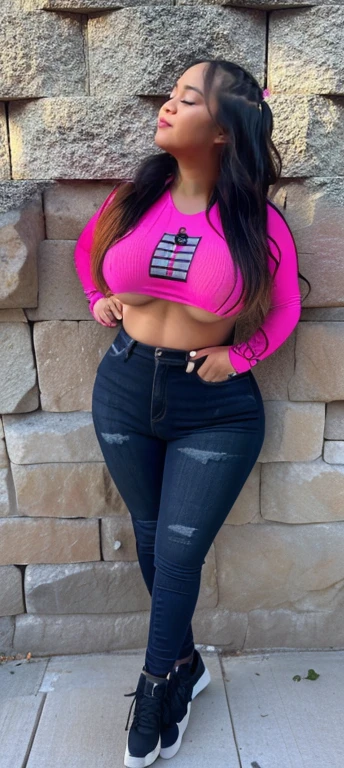 a woman standing in front of a stone wall, lorena avarez, alanis guillen, marischa becker, no clothes, full body shot close up, photograph of a techwear woman, beautiful girl, big ass, bbw, thick, thick thighs, wide hips, bbw, big , falling out the side, thick nipples, large areola, filipina, cute, chubby stomach, nipples poking out, tan skin, from front, muffin top, thick belly, oily, naked, no clothes, naked