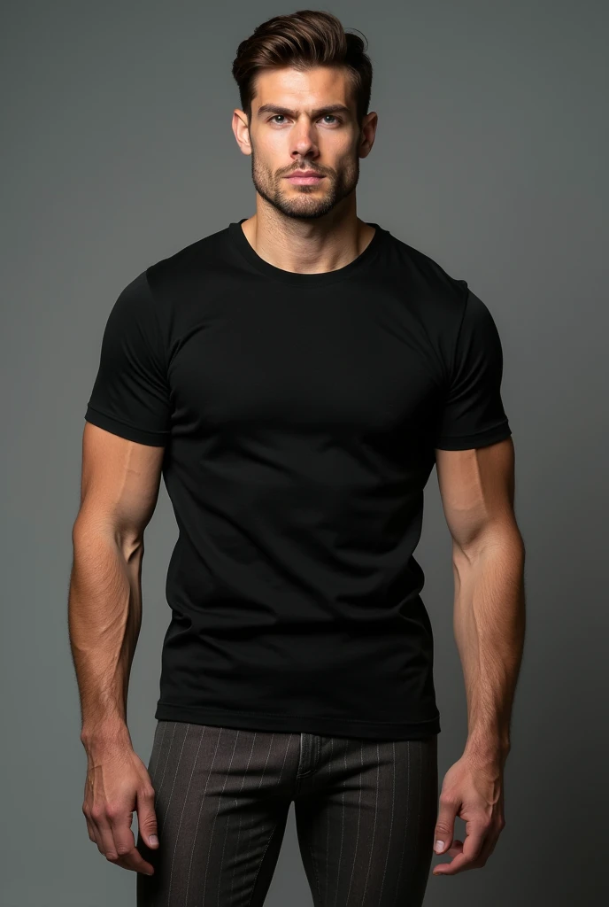 handsome man,  standing straight facing forward,with black t-shirt, Jeans, on a greyish background, cotton t-shirt texture, fitted t-shirt, round neck, striped tights. Medium camera shot