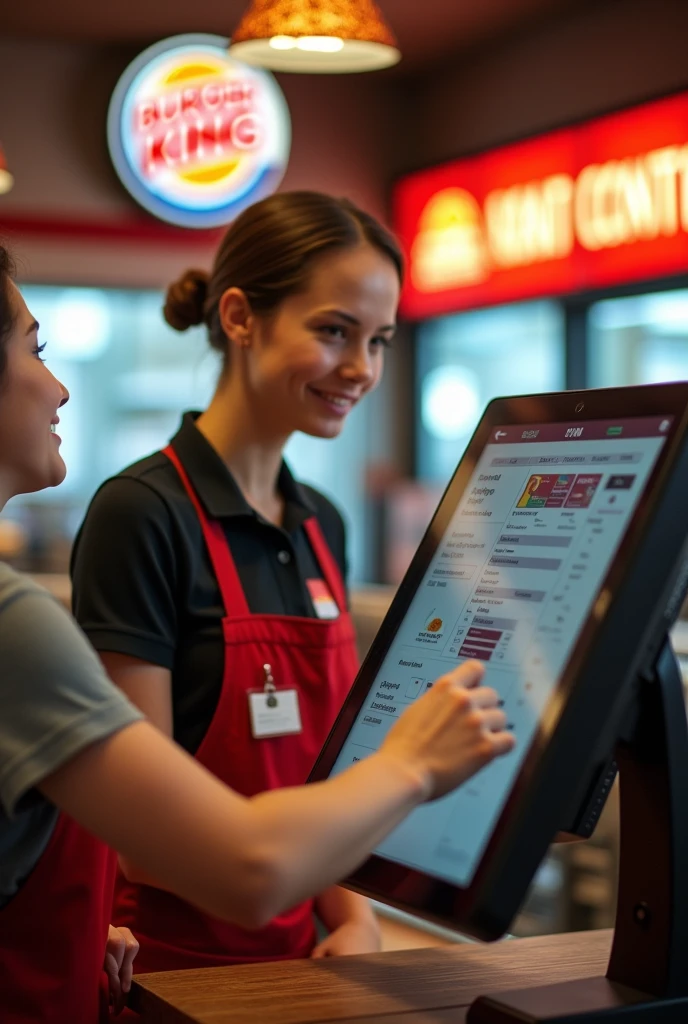 A FAST FOOD RESTAURANT CASHIER, BURGER KING TYPE WITH A POINT OF SALE THAT HAS A SALES AND CONTROL SYSTEM ON THE SCREEN