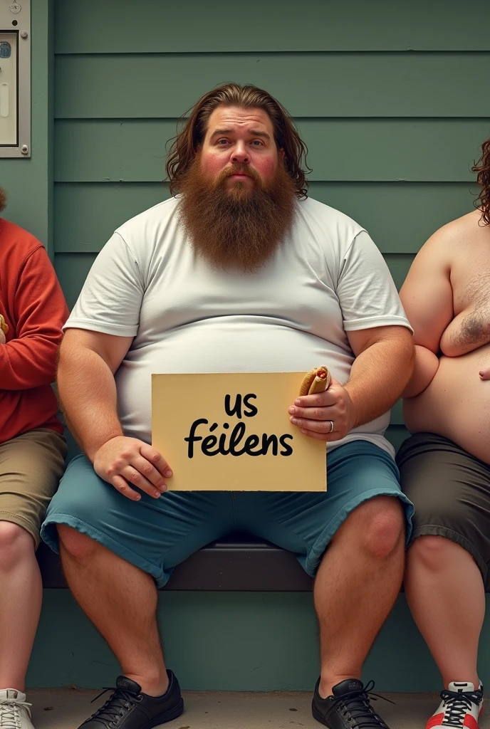 Une personne obèse, avec une barbe, à peut prêt 21 ans, cheveux brun. qui tiens une affiche avec marquer " US Feillens " dans la main gauche sans images sur l'affiche. il as des cheveux long mais qui ne descendent pas et il a une barbe. il tiens aussi dans sa main droite un hot-dog . il a un t-shirt simple qui ne lui va pas entièrement, on voit son ventre et son nombril . il transpirent des dessous de bras. il est assis sur un banc avec deux autres personnes obèse à coté de lui qui mangent des hot-dogs. 
