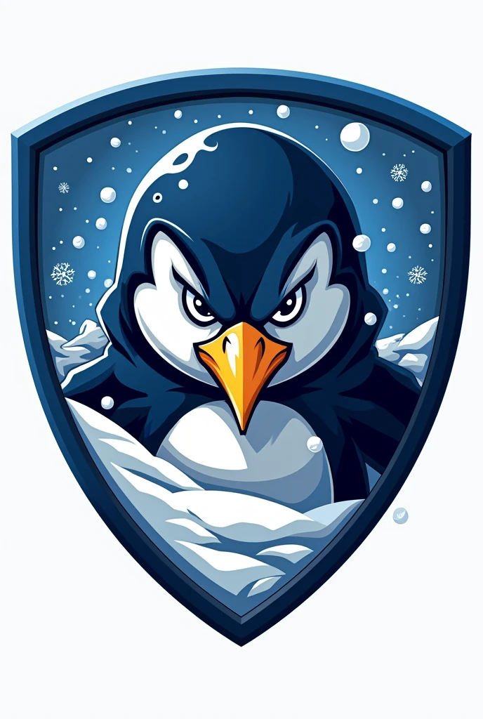 Blue and white football team round shield with angry penguin in snow
