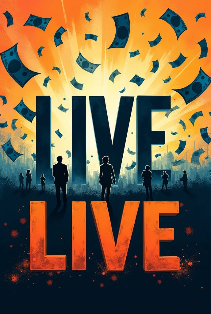 Image with the phrase "live" super big all the words, and in the background bills.flying
