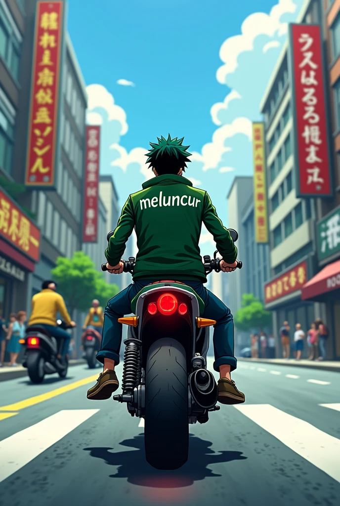 Zoro rides a step through motorcycle moped model SMD7, wears a green motorbike jacket, has the words MELUNCUR on the jacket, wears long jeans, and wears motorbike shoes