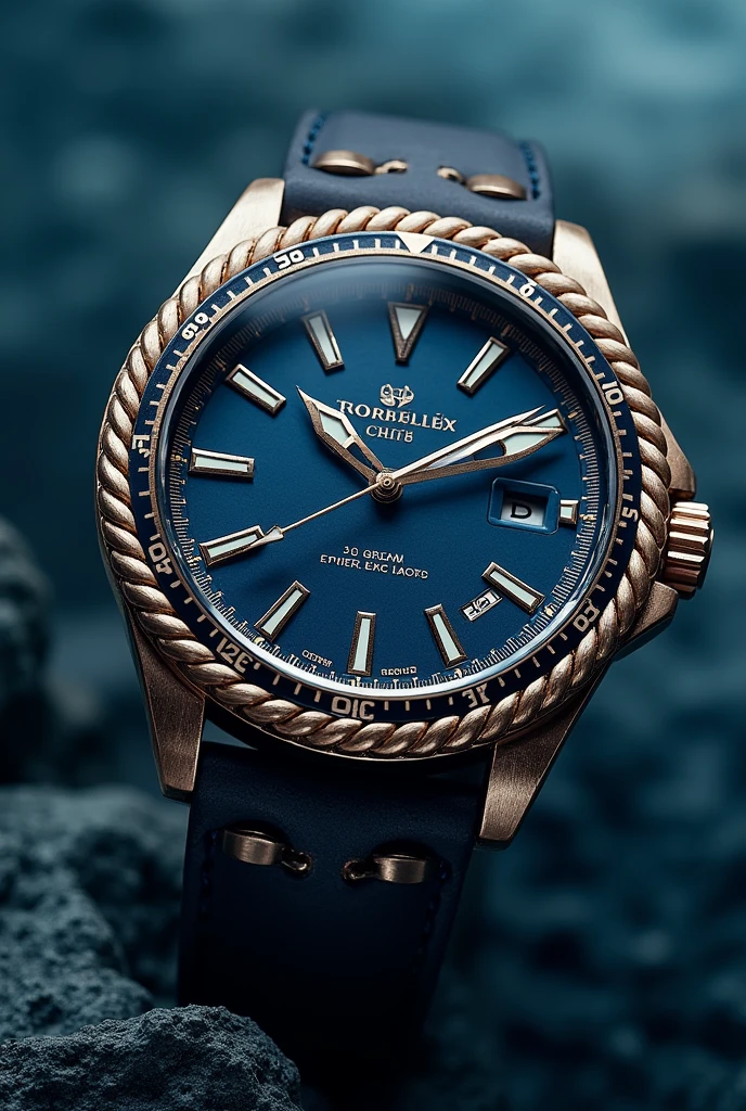 Design a series of large men's watches, all inspired by the ocean. Each watch must have a unique design, with elements reminiscent of the sea, like deep blue dials, pointers that resemble waves or lighthouses, and metallic details in silver or gold tones that evoke ships or sunken treasures. Bracelets can have textures that resemble naval ropes or fish scales., and the dials may contain small compass icons, anchors or sea creatures. Aesthetics must be elegant and robust, with a touch of adventure and maritime tranquility, blending the power of the ocean with the sophistication of a modern watch.
