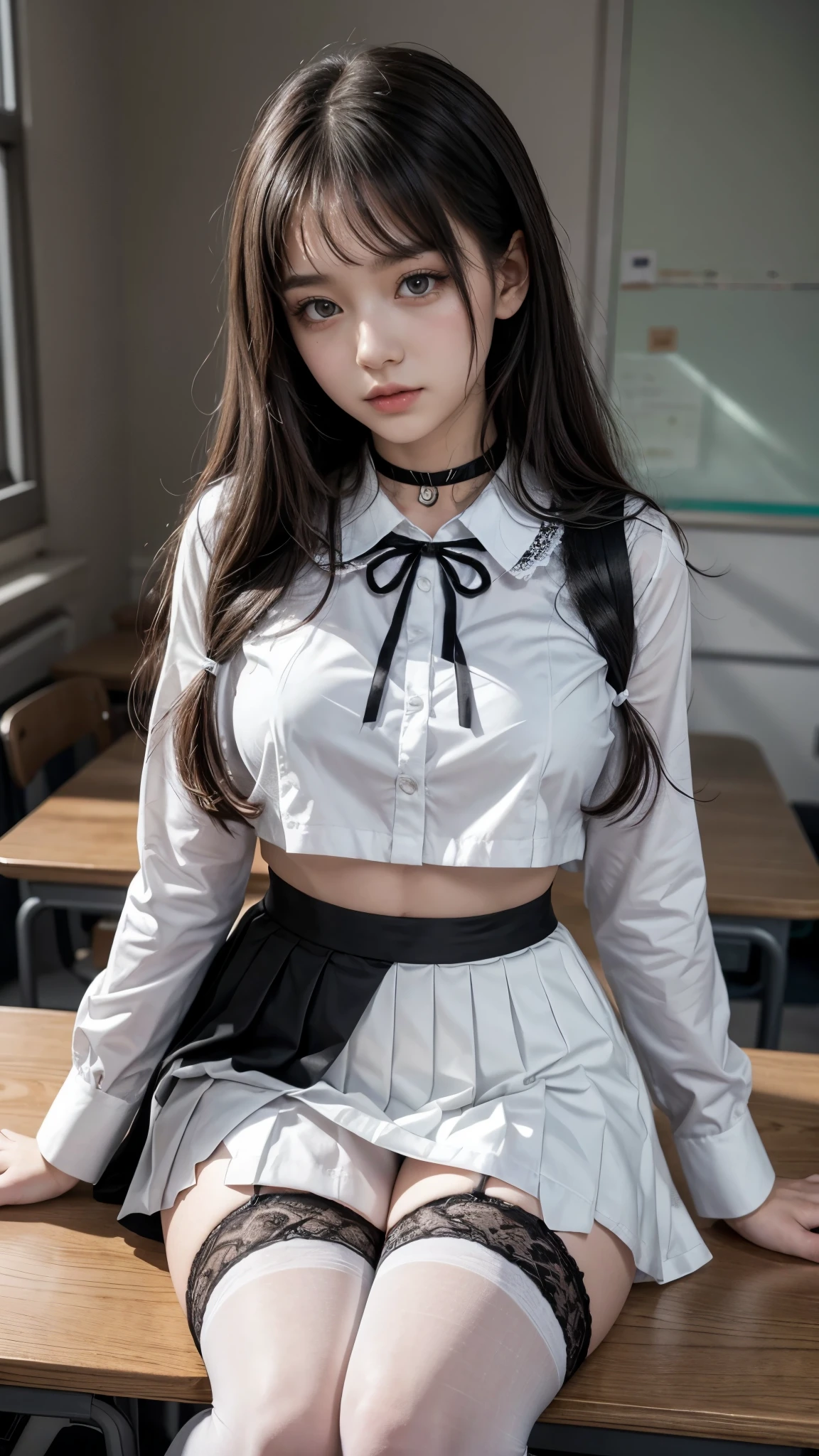 , School girl, white and black uniform, white and black skirt, black lace choker, white lace thigh highs, looking at viewer, class room background, sitting on desk, seductive, dark eyeliner, sexy eyeliner,