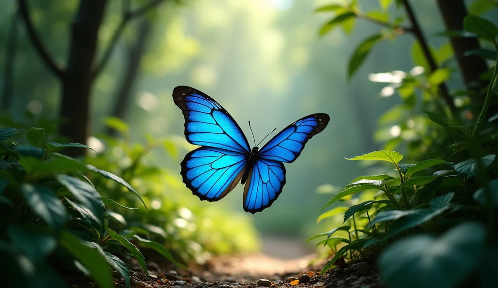 A blue morpho butterfly flying in the middle of a forest trail