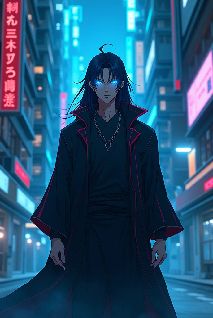 Gojo satoru from jjk with black hair and more glowing blue eyes make it like Cyberpunk anime style 