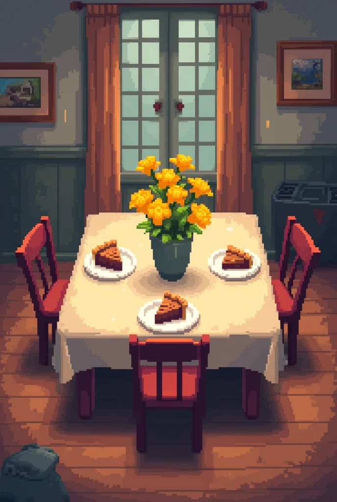 Create a large dining table with 4 chairs with a vase of yellow flowers in the middle, and in one corner of the table a plate with a slice of cinnamon pie. All this with a video game-like pixelated style similar to the visual and artistic style of Undertale..