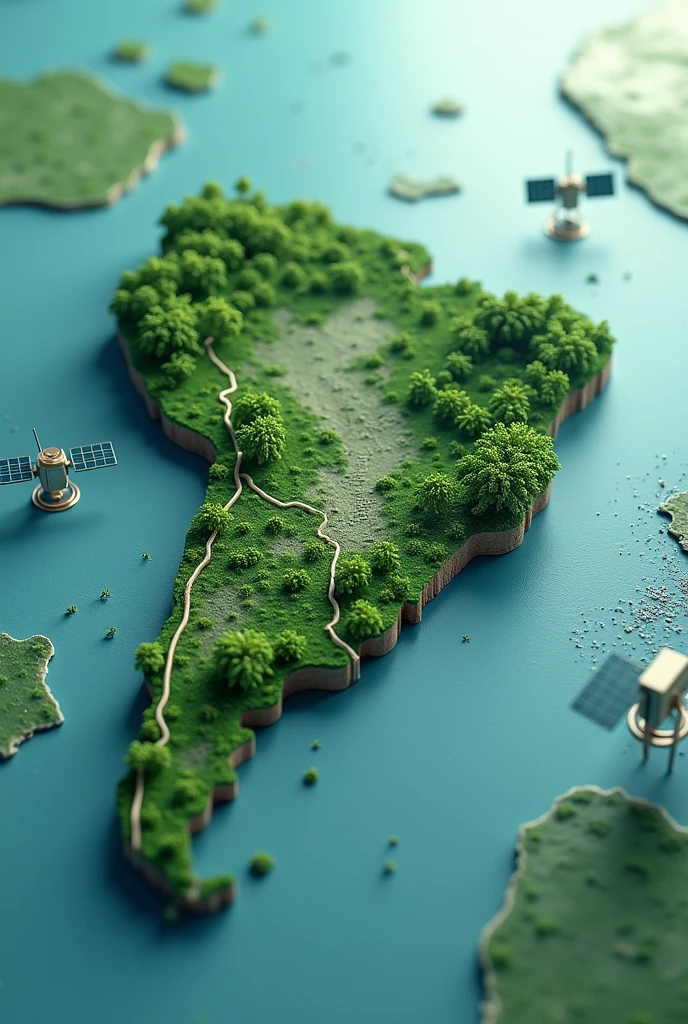 diary cover template, I want the map of the state of Amapá in 3D with satellites performing detection in the state, that has nothing written, may contain shades of green and blue.