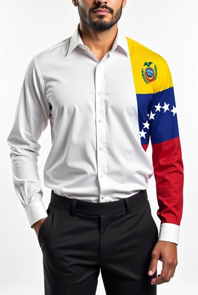 He designed a long-sleeved white dress shirt that has the Venezuelan flag drawn on one full sleeve from the shoulder to the wrist with its 7 legible and extended white stars.