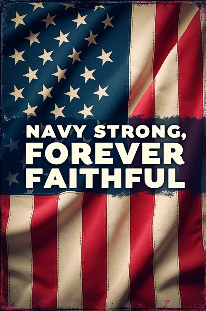 Use a bold, stylized American flag background And Overlay the flag with the quote “Navy Strong, Forever Faithful” in a prominent font.