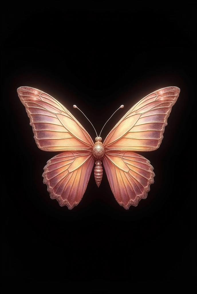 Completely black background with a butterfly in the middle of the screen, with colors in combination with pale pink and gold, crystal art and medieval style