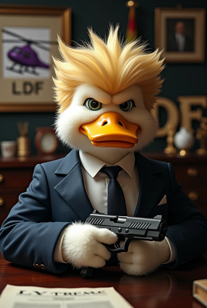 Duck Mafia with Donald Trump's Hairstyle, Soft fur, Sitting in the office, Gun on the table, Photo of a purple helicopter in the background, In the picture behind is written lDF.