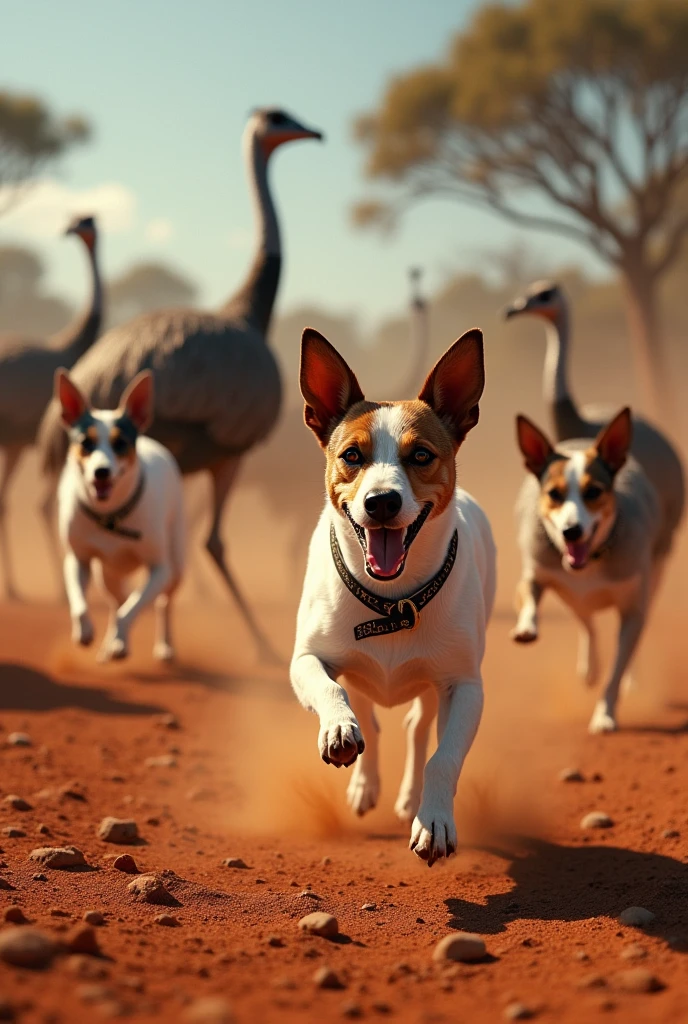 Military army of Jack Russell's fighting for Australia with emu