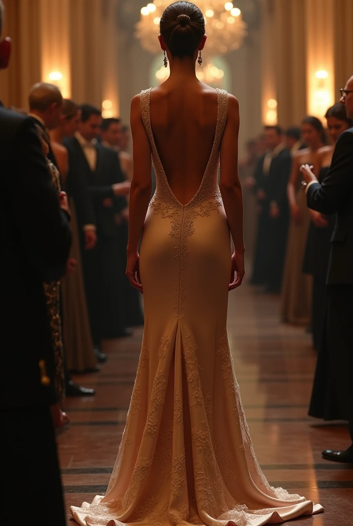 Elegant dress with a high neck and open back, not black and with an elegant vest/sweater under the shoulders 
