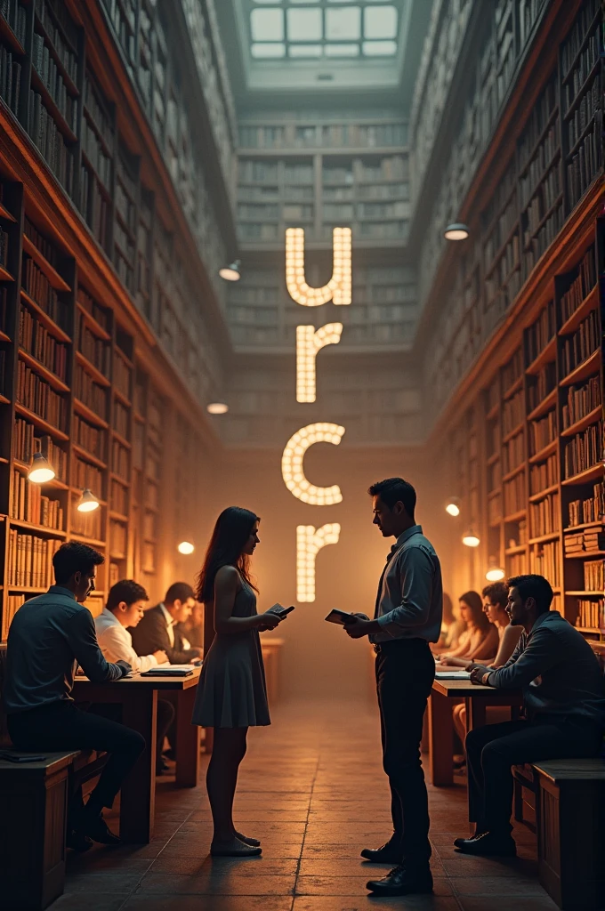Create an image with the following letters "URCR" that in the background there are books and people