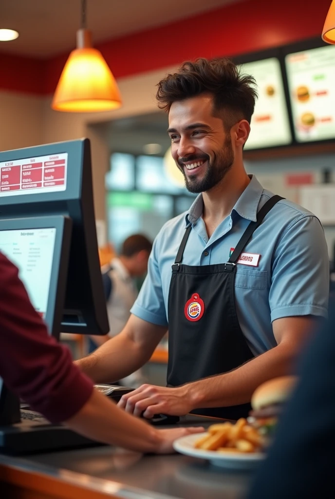 A MALE CASHIER AT A FAST FOOD RESTAURANT, BURGER KING TYPE WITH A POINT OF SALE THAT HAS A SALES AND CONTROL SYSTEM ON THE SCREEN
