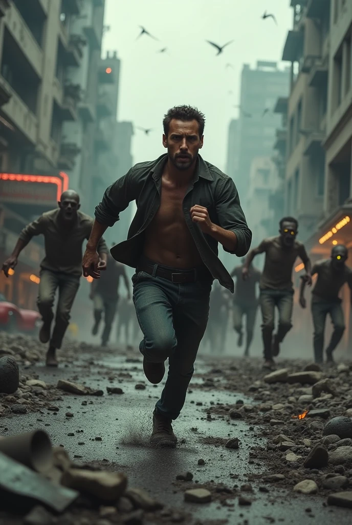 a clear face man running from the many zombies in destroyed bangkok city, destroyed building and bruning cars background with the zombies