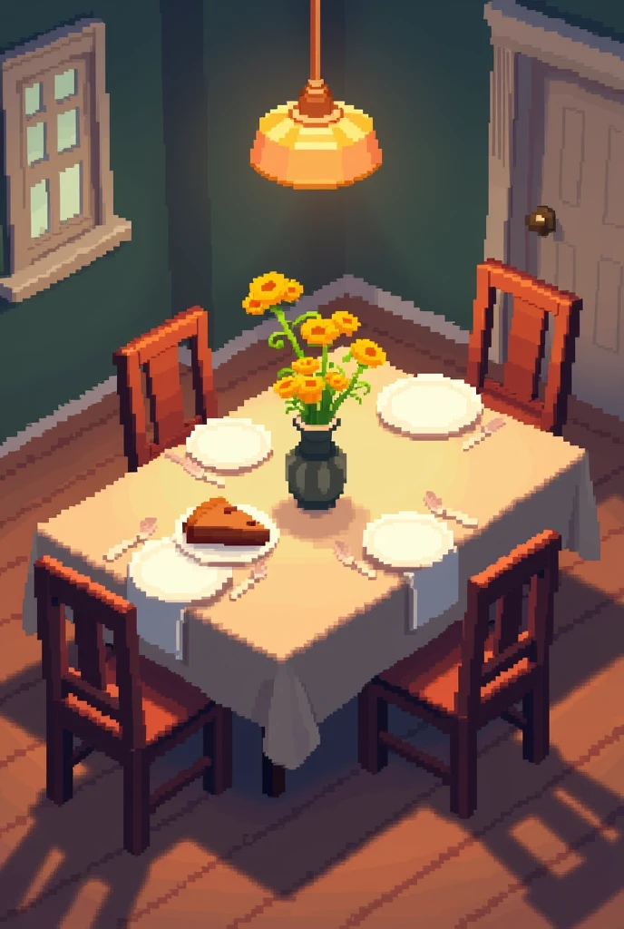 Create a large dining table with 4 chairs with a vase of yellow flowers in the middle, and in one corner of the table a plate with a slice of cinnamon pie. All this with a video game-like pixelated style similar to the visual and artistic style of Undertale..