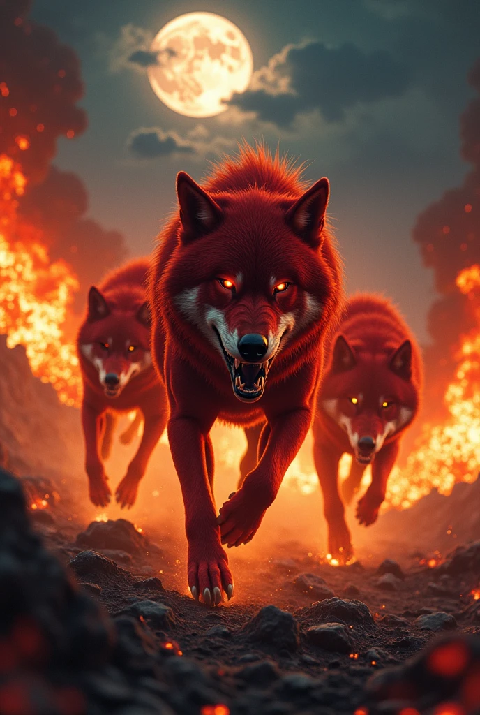 Red wolves angry pack running paws on fire lots of fire explosions everywhere night moon