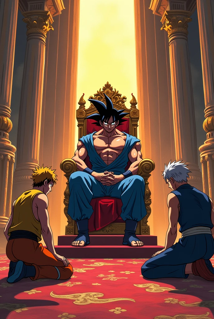 Grown Naruto luffy and ichigo Kneel before goku sitting on thrown in palace 2d