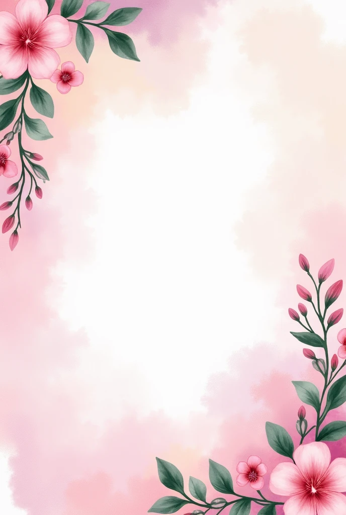 Make me a youthful abstract background, in pink watercolor style colors, Bordered by lush branches of flowers, green branches and pink flowers, soft and light colors in watercolor style
