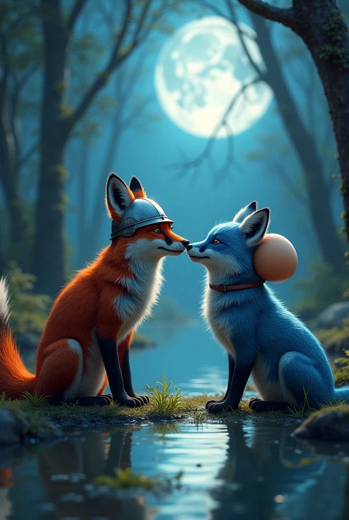 A red fox with a knight's helmet on his head playing with a blue wolf with an eggshell on his head in a forest at night near a lake where we can see the reflection of the moon lighting them up.