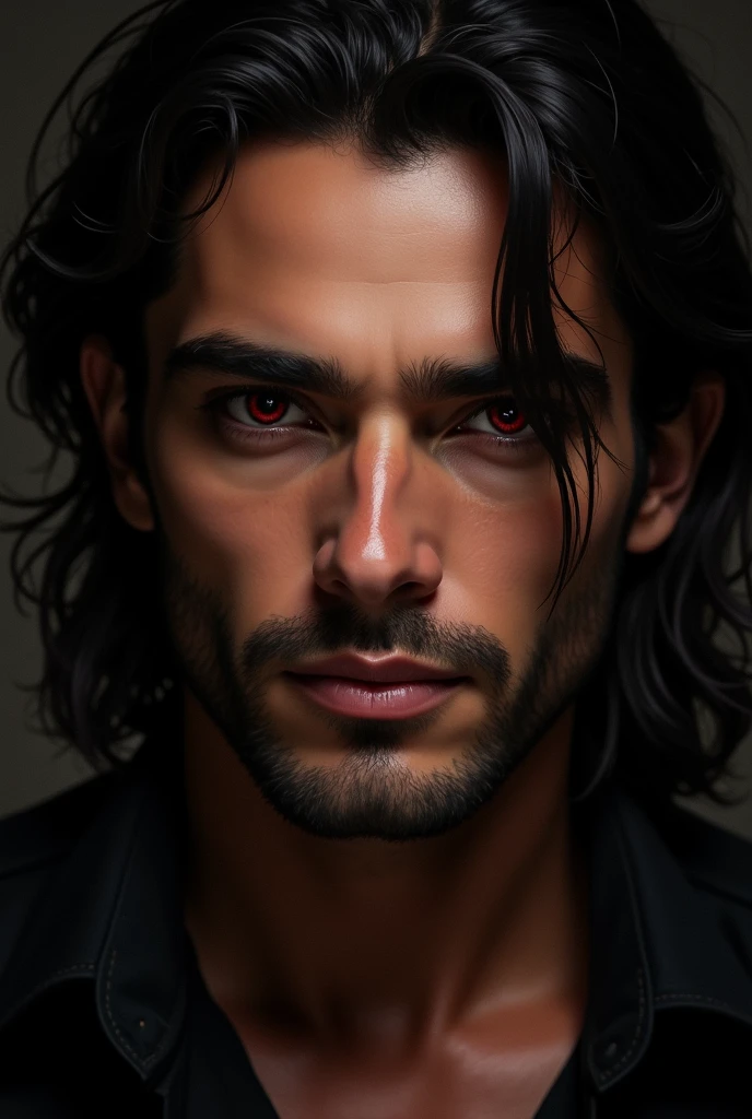 real life man, olive skinned, strong jawline high cheekbones, long black hair, arched defined eyebrows, full lips, handsome, strong, dark red seductive eyes, no beard or moustache, light smirk 