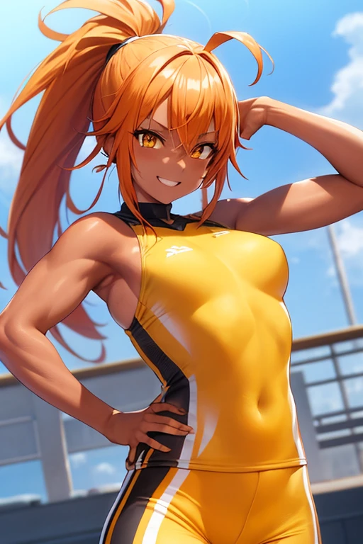 ((best qualityer)), ((face perfect)) a female anime style character , with orange hair, bright golden eyes and tanned skin, athletic and strong posture, wearing yellow and white clothes and a bright, confident smile