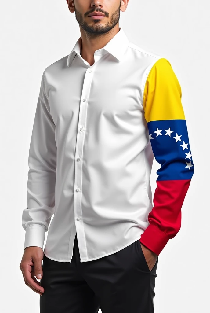 He designed a long-sleeved white dress shirt that has the Venezuelan flag drawn on one full sleeve from the shoulder to the wrist with its 7 legible and extended white stars.