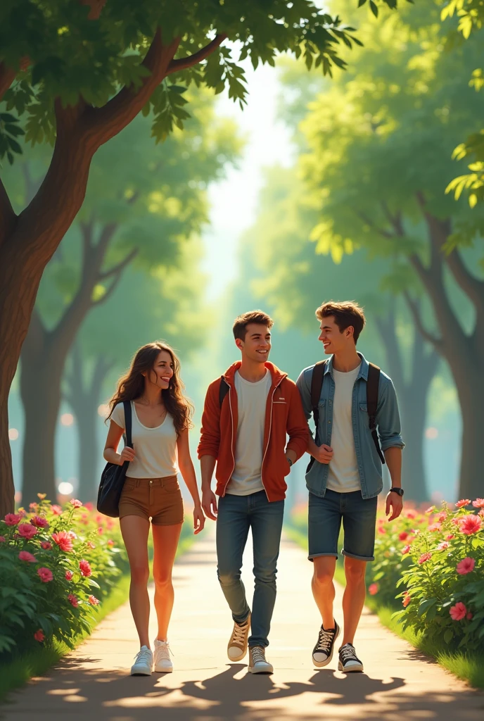 One day, Lily suggested a group meetup at the park. Jack and Alex were thrilled, each thinking they would finally get to meet her face-to-face. A scene in a park with three people walking together, capturing a casual and friendly atmosphere.(two boys and one girl)