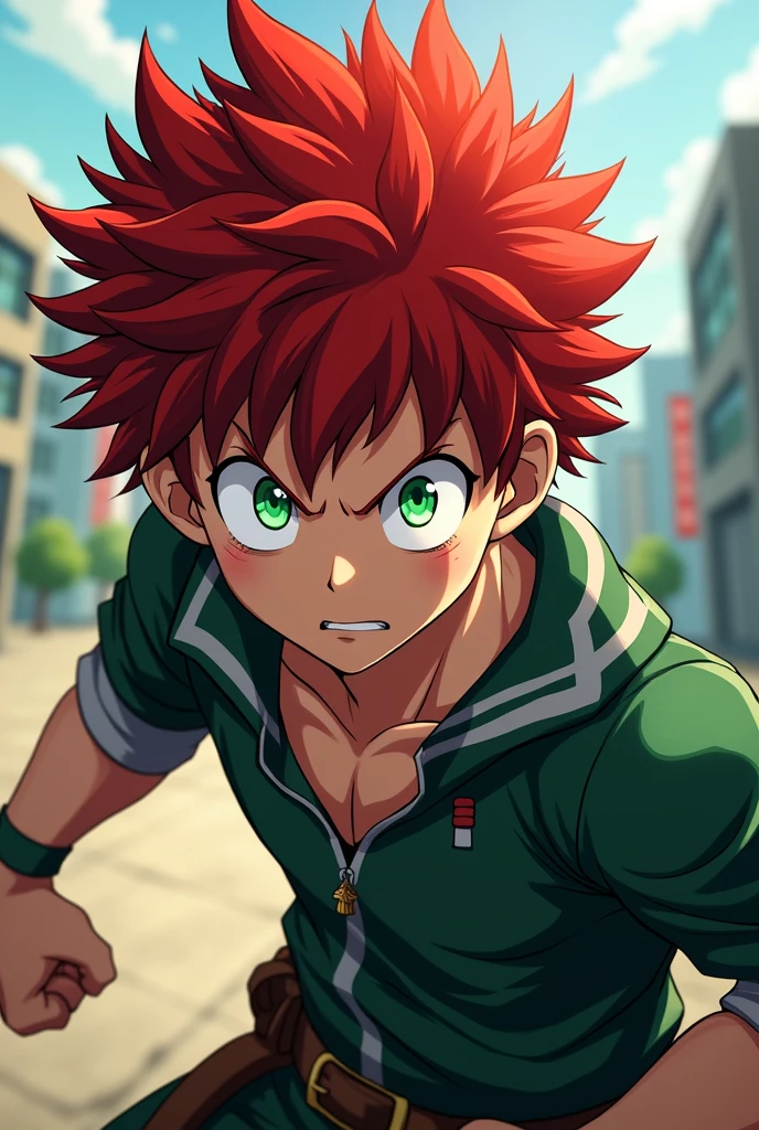 Now make age boy with green eyes and red hair more defined and bigger body, but do it in the style of my hero academia