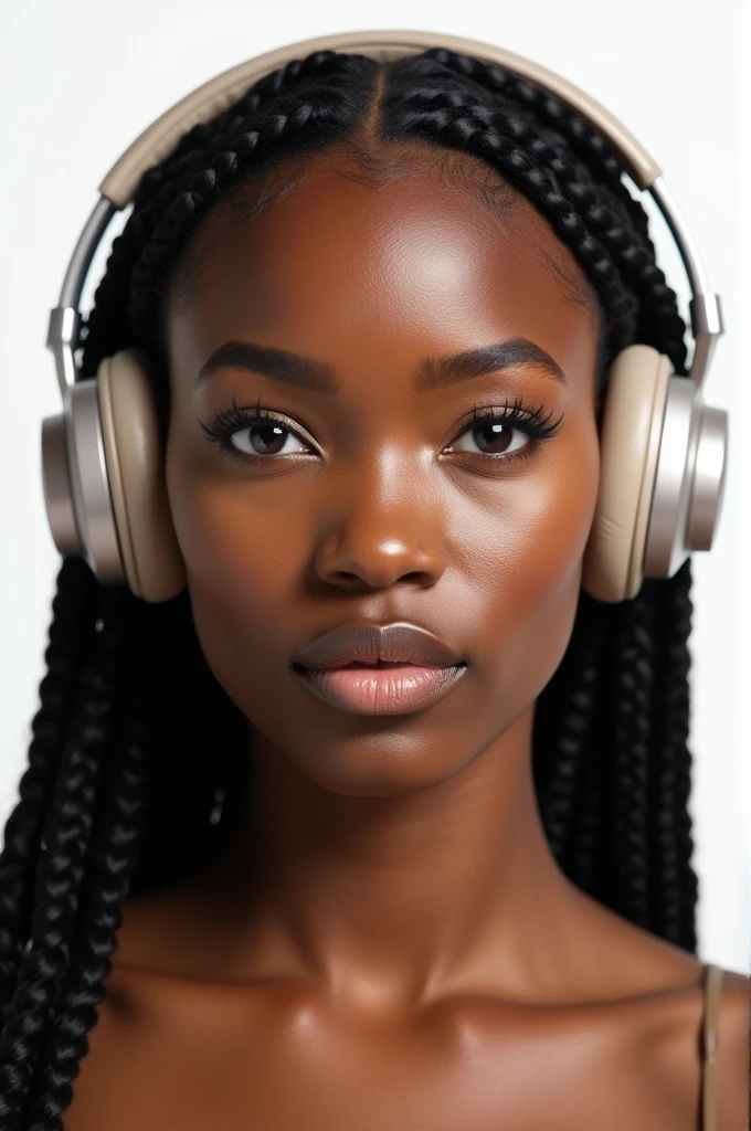  black woman with braids, medium hair, headphones, completely white background