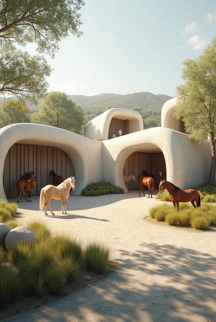 Create an image of equine therapy stables that looks complete with the features of the works of architect Carme Pinós inside