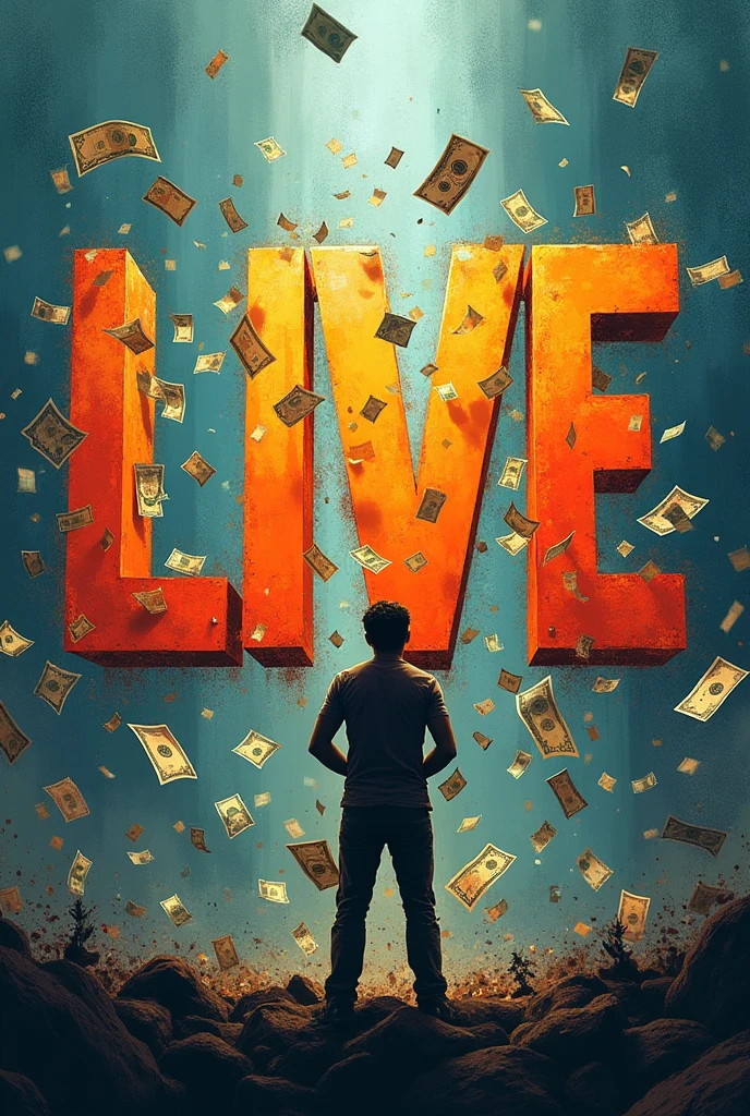 Image with the phrase "live" super big all the words, and in the background bills.flying