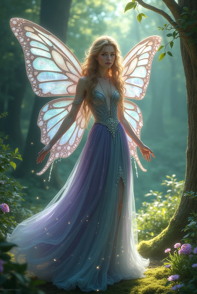 Lila possesses an ethereal beauty that seems almost otherworldly. She stands at a graceful height, with a lithe, elegant figure that moves with effortless poise. Her skin is a soft, luminous tone, glowing faintly in the moonlight as if kissed by stardust. Her eyes are a mesmerizing shade of deep emerald green, bright and full of life, reflecting the wisdom and curiosity within her soul. Her hair flows like a waterfall of silver and gold, cascading down her back in soft waves that catch the light with every movement. Delicate vines and tiny blossoms are woven into her hair, adding a touch of nature’s beauty to her already enchanting appearance. Lila’s wings are large and magnificent, resembling those of a butterfly but with a unique, intricate design that shimmers with hues of blue, violet, and silver. The wings are semi-transparent, with a soft glow at the edges that illuminates her path. They flutter gracefully when she flies, leaving a trail of sparkling light in her wake. She is dressed in a flowing gown made of the finest silks and enchanted petals, in shades of deep purple and emerald green. The dress seems to merge with the natural surroundings, adorned with delicate patterns that resemble leaves and flowers. Around her waist, she wears a belt crafted from silver vines, embedded with tiny crystals that twinkle like stars. Lila’s overall appearance is both regal and captivating, a true embodiment of the magical world she inhabit.The air was filled with the scent of blooming flowers and the soft hum of nature. Sunlight filtered through the tall trees, casting a warm glow on the moss-covered ground. Lila marveled at the beauty surrounding her, feeling a sense of adventure stirring within her heart.