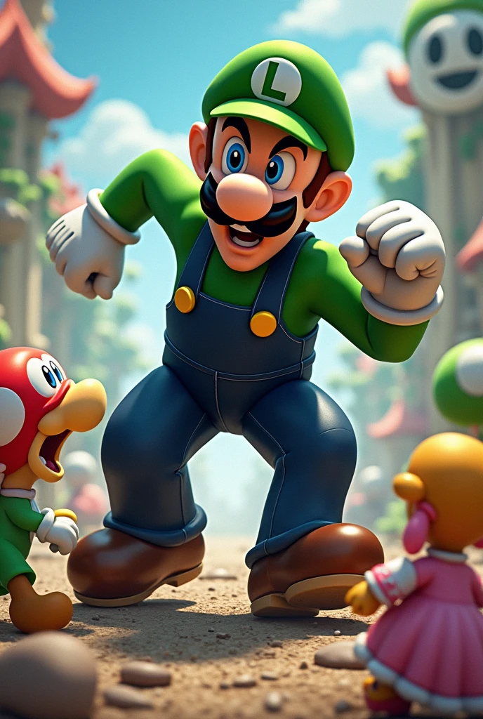 Luigi qui ecrase les personnages de Gomba, Daisy, Yoshi et le fantome Boo