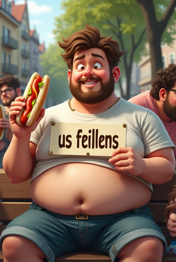 Une personne obèse, à peut prêt 21 ans, cheveux brun. qui tiens une affiche avec marquer " US Feillens " dans la main gauche sans images sur l'affiche. il as des cheveux long mais qui ne descendent pas et il a une barbe. il tiens aussi dans sa main droite un hot-dog . il a un t-shirt simple qui ne lui va pas entièrement, on voit son ventre et son nombril . il est assis sur un banc avec deux autres personnes obèse à coté de lui qui mangent des hot-dogs.